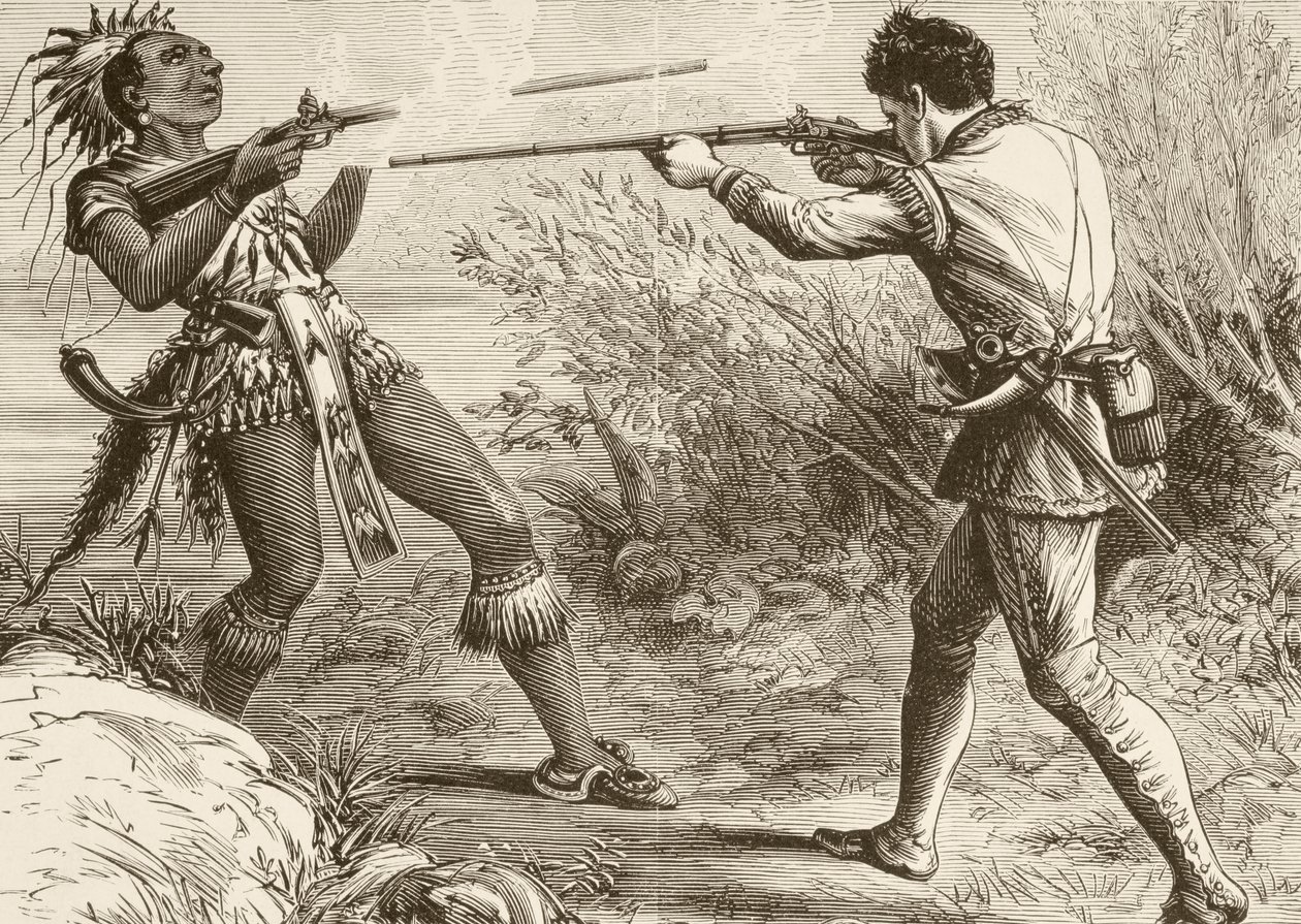 Indianhövdingen Paugus dödas av en engelsk milisman (litografi) av English School