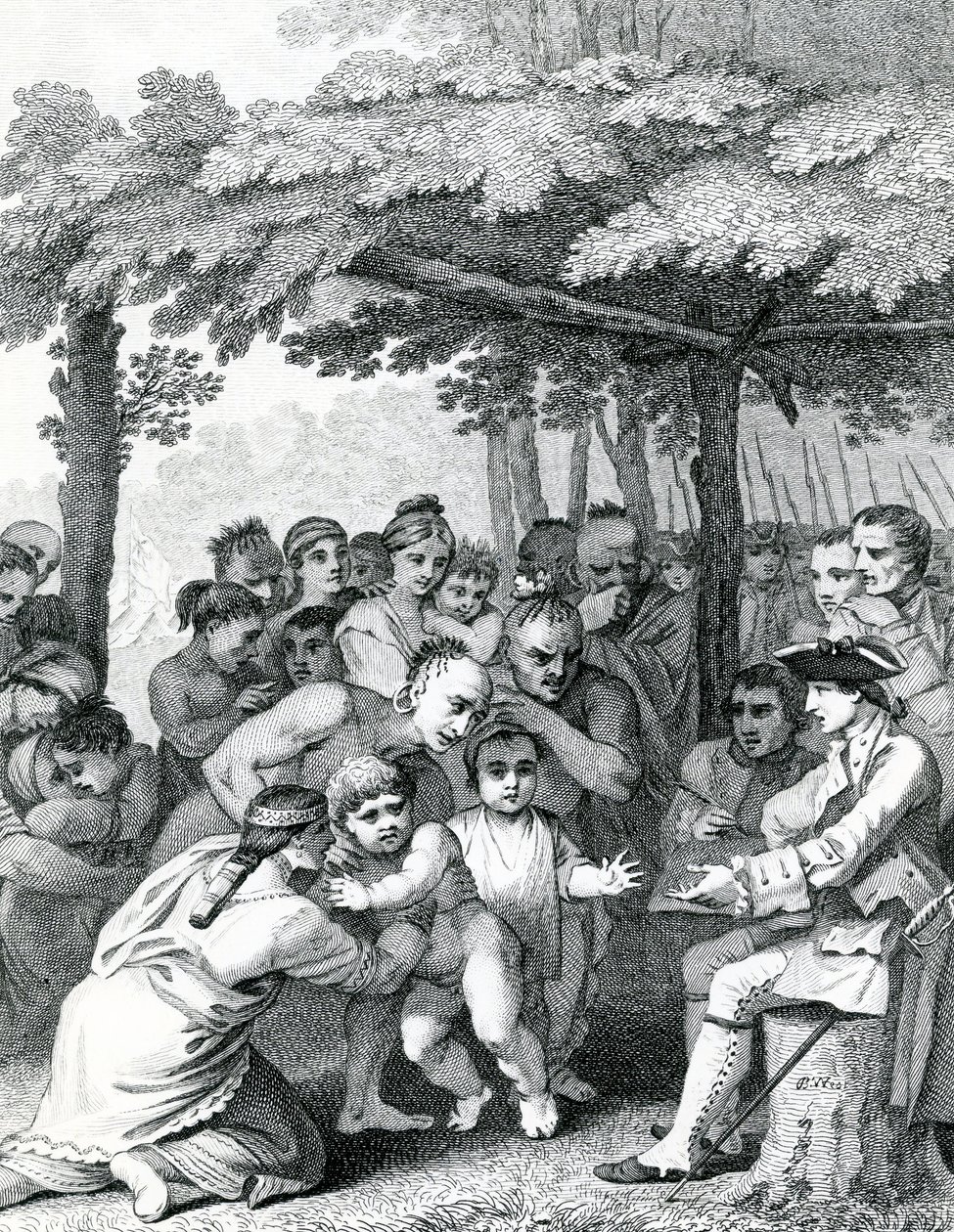 Indianerna överlämnar de engelska fångarna till överste Bouquet nära hans läger vid Forks of Muskingham i North Anerica, graverad av Canot, 1764 av English School