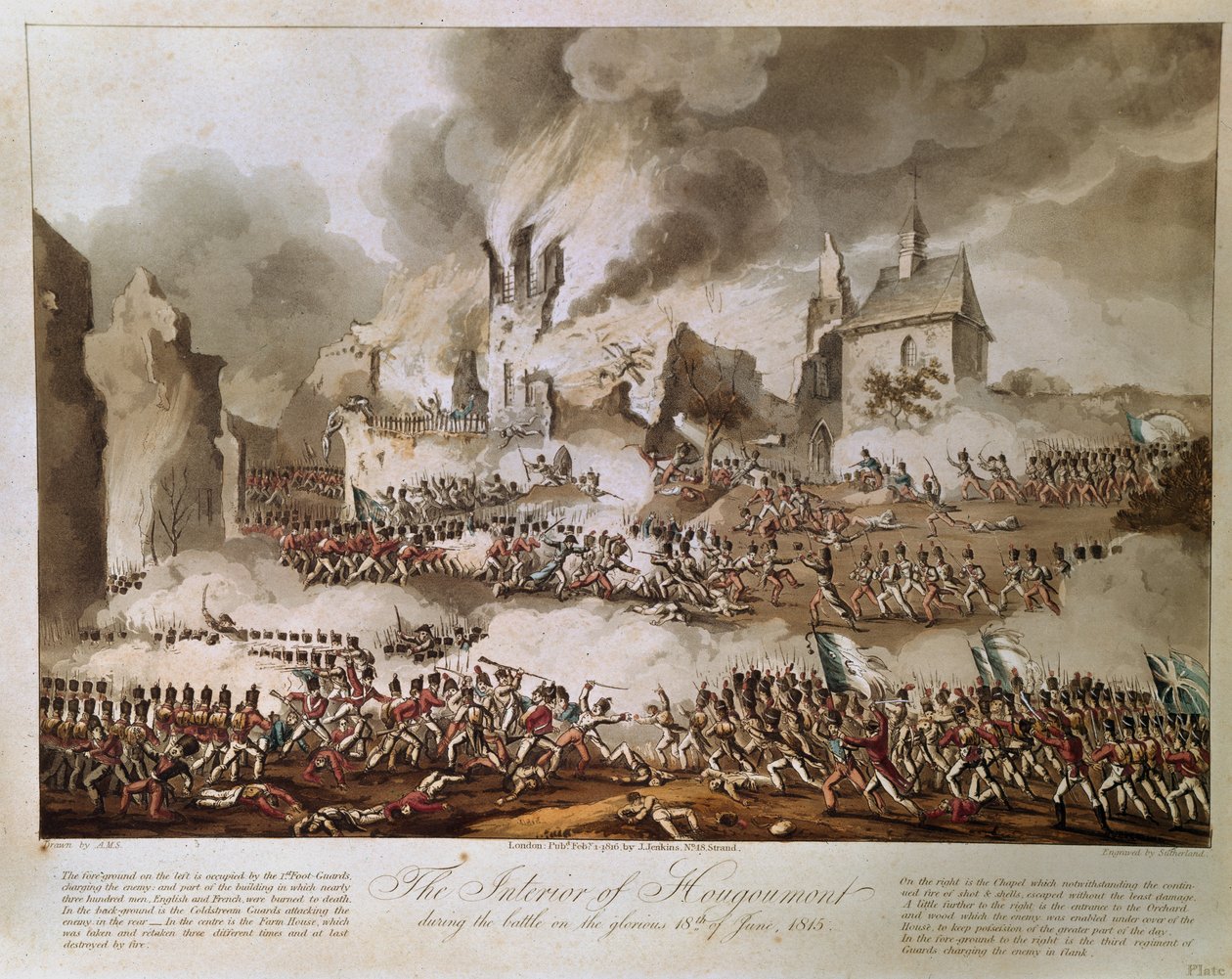 Hougoumonts inre under slaget den 18 juni 1815, graverad av T. Sutherland, publicerad 1816 (akvatint) av English School