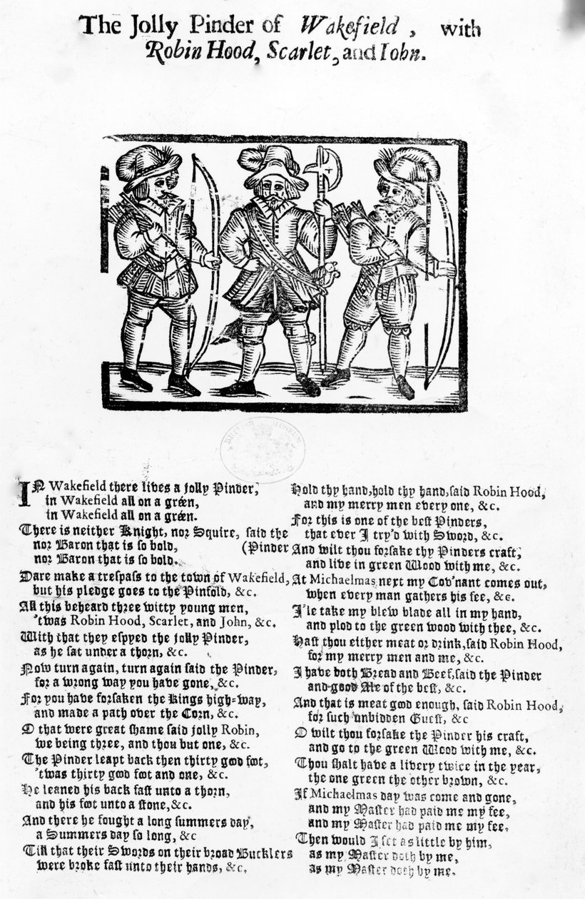 The Jolly Pindar of Wakefield med Robin Hood, Scarlet och John, publicerad av W. Thackeray, J. Millet, A. Mulbourn, 1689-1692 av English School