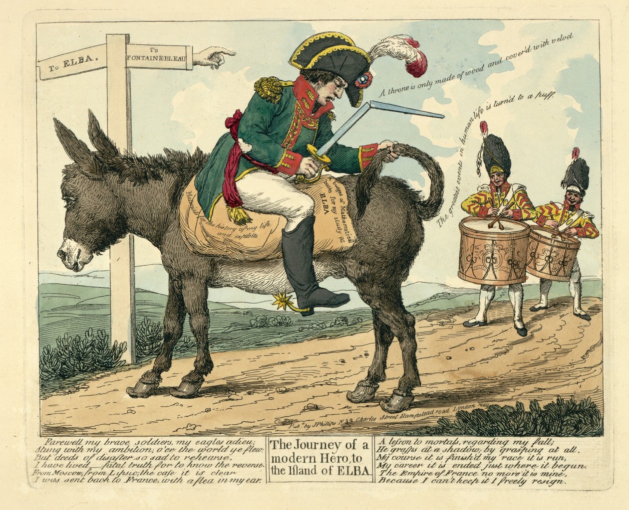 En modern hjältes resa till ön Elba, pub. London, 1814 av English School