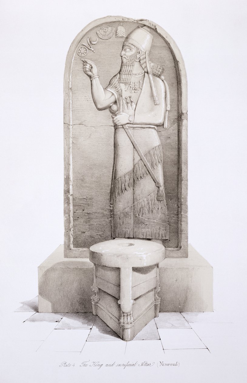 Kungen och offeraltaret, Nimrud, plåt 4 från Nineveh and its Remains av Austen Henry Layard (1817-94) publicerad 1849 av English School