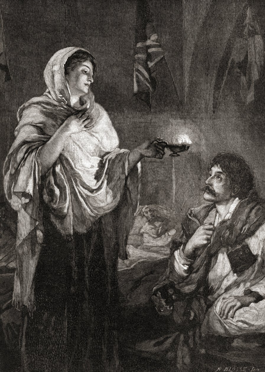 Damen med lampan: Florence Nightingale på sjukhuset vid Scutari-kasernen, Turkiet, under Krimkriget. av English School