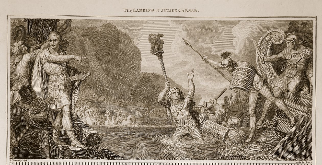 Landningen av Julius Caesar, illustration från David Humes The History of England, pub. av R. Bowyer, London, 1812 av English School