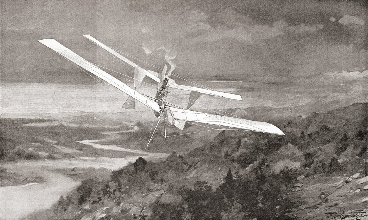 Langley Aerodrome flygmaskin under flygning på 1800-talet. Från The Strand Magazine publicerad 1897. av English School