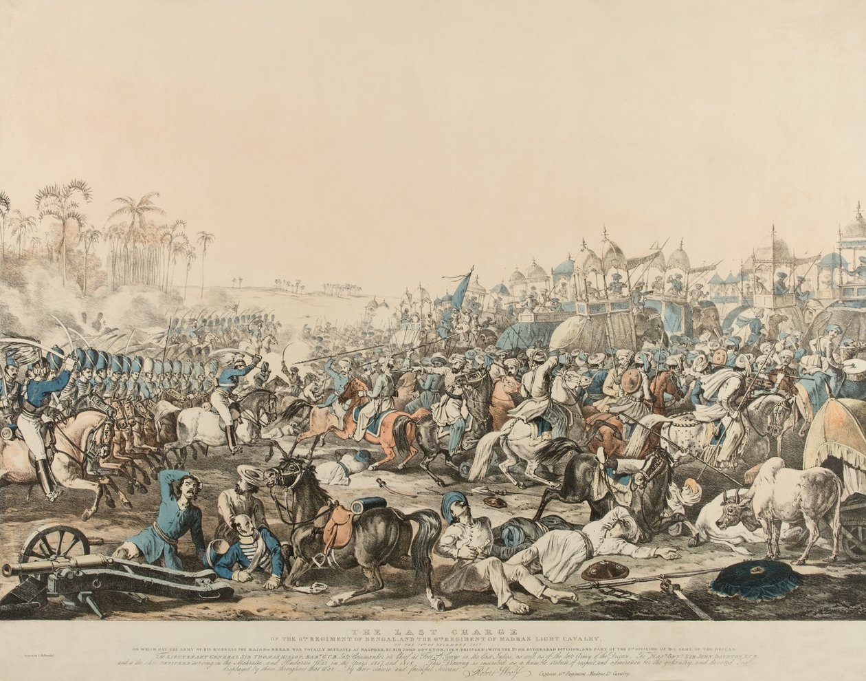 Den sista anklagelsen mot det sjätte regementet (sic) av Bengal och det sjätte regementet av Madras lätta kavalleri den 16 december 1817 (lito i färg) av English School