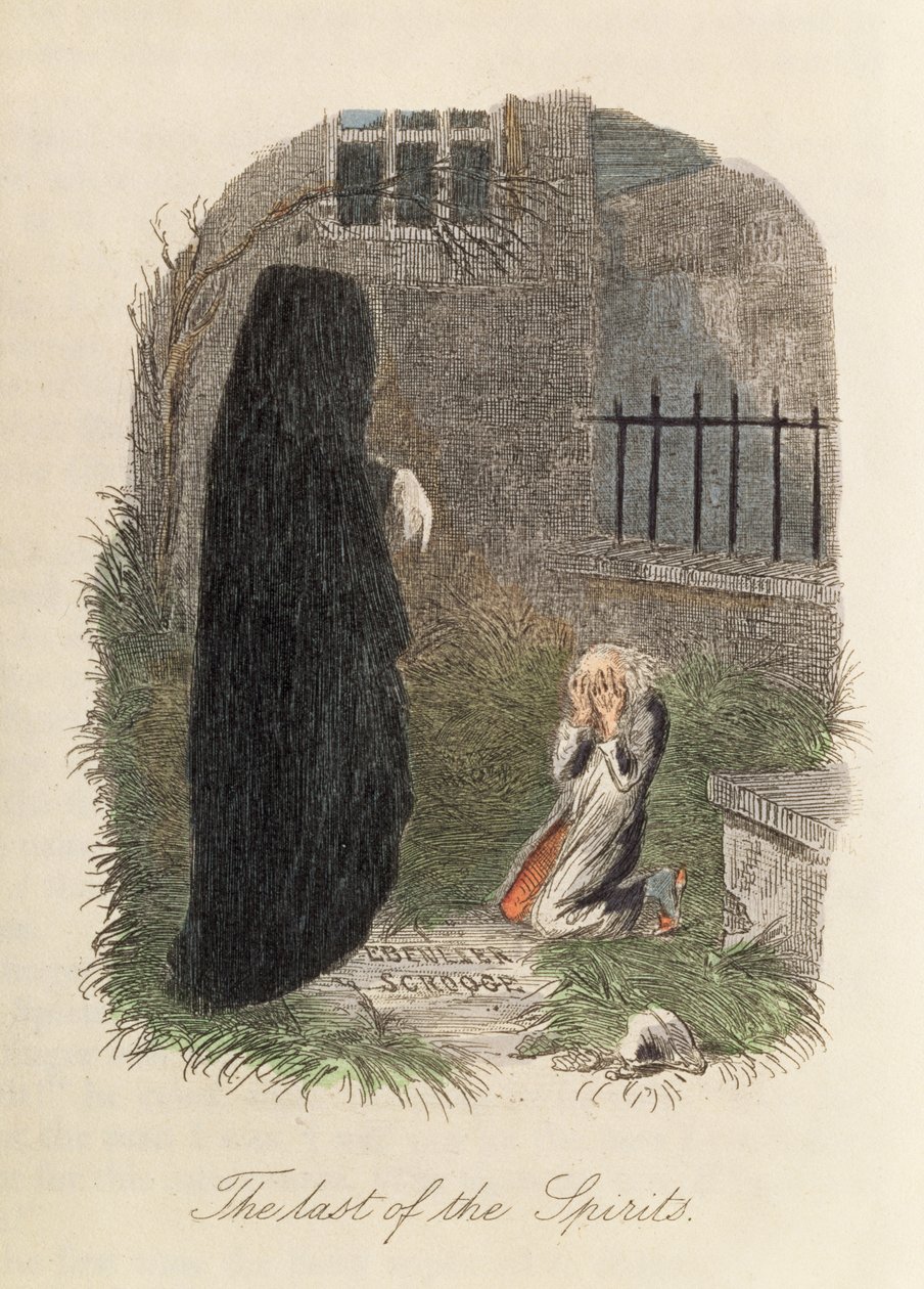 The Last of the Spirits, illustration till A Christmas Carol av Charles Dickens (1812-70) 1843 (färggravyr) av English School