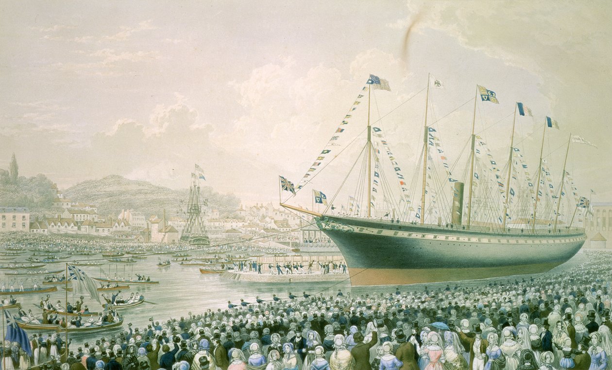 Lanseringen av ångfartyget "The Great Britain" i Bristol, 9 juli 1843, c.1843 (färg litho) av English School