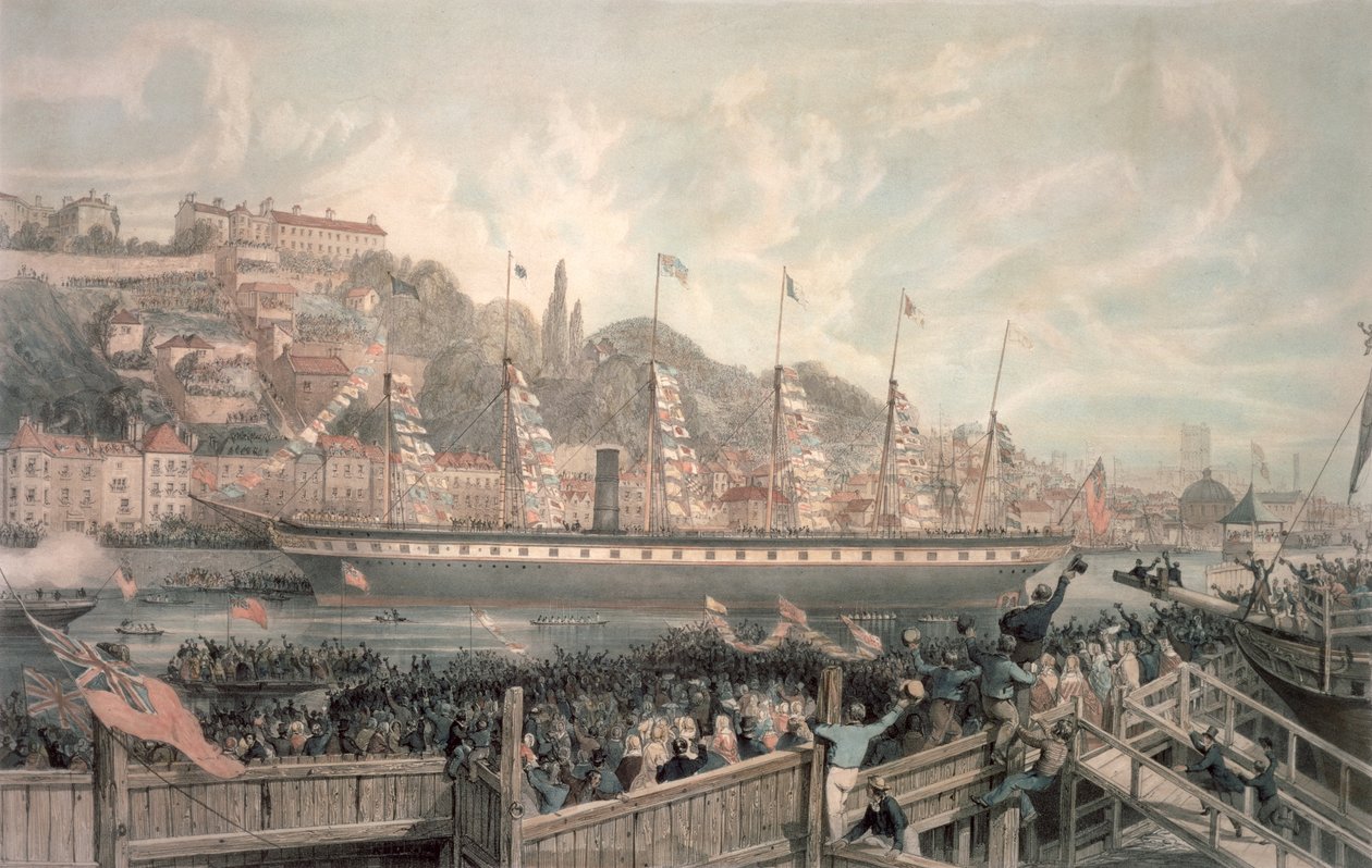 Lanseringen av ångfartyget "The Great Britain" i närvaro av H.R.H. Prins Albert (färg litho) av English School