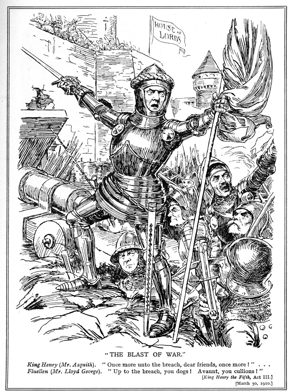 Liberalerna, ledda av Asquith och LLoyd George, attackerar House of Lords, 1910 av English School