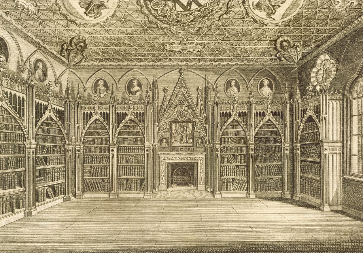 Biblioteket, graverat av Godfrey, från Description of Strawberry Hill av Horace Walpole, 1784 av English School
