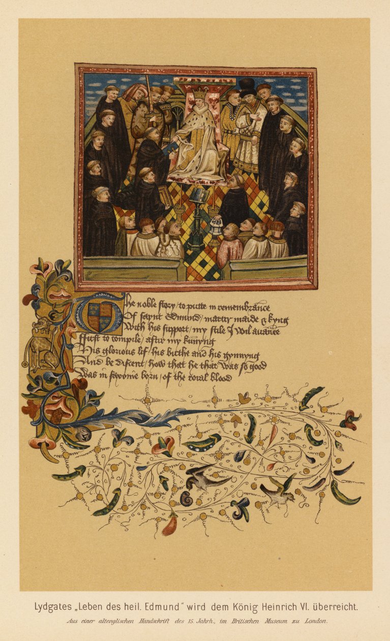 The Life of St Edmund, King and Martyr, av John Lydgate, överlämnad till Henrik VI (färglitografi) av English School