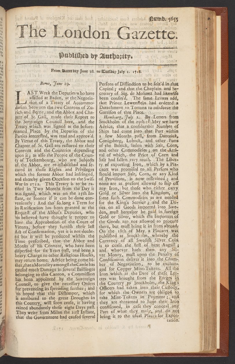 The London Gazette, nummer 5655, sida 1, 28 juni 1718 (tryckt) av English School
