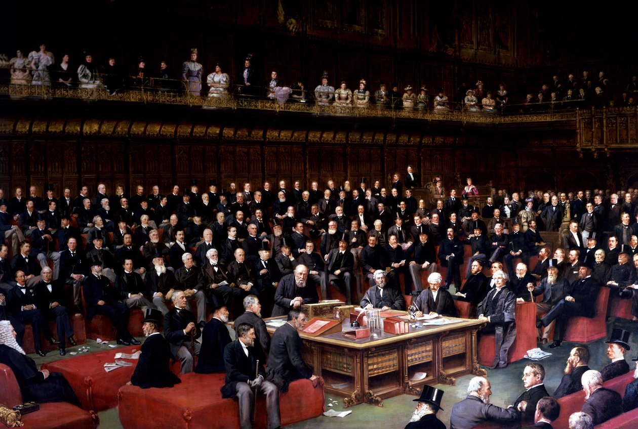 Lord Chancellor på väg att sätta frågan i debatten om hemmastyre i House of Lords, 1893 av English School