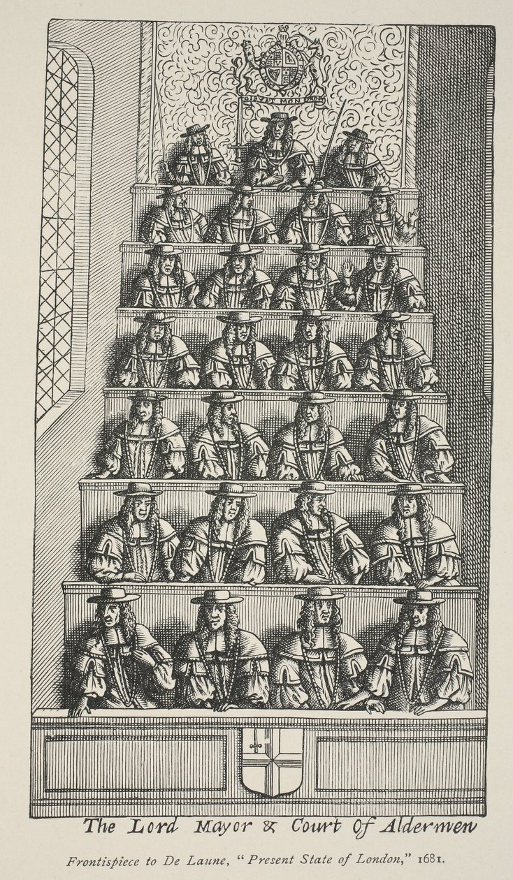 Lord Mayor and Court of Aldermen, frontispice från De Launes Angliae Metropolis, 1681 av English School