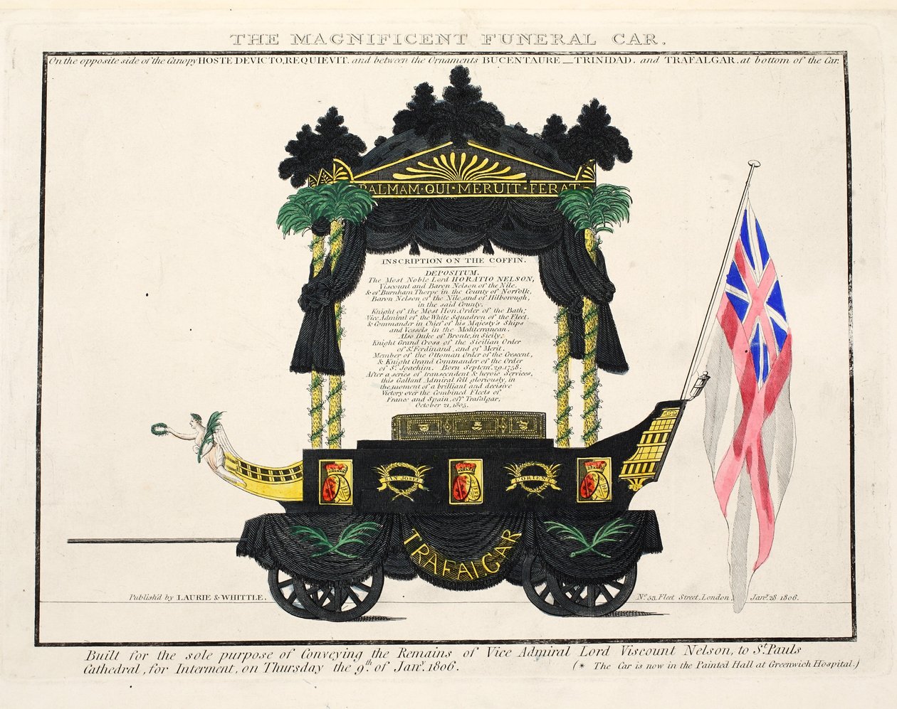 The Magnificent Funeral Car, pub. 1806 (handfärgad gravyr) av English School