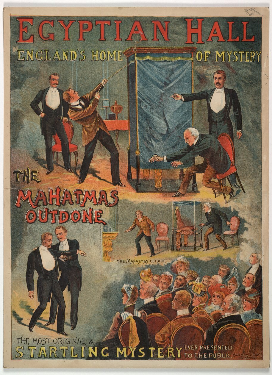 "The Mahatmas Outdone", presenterad i Egyptian Hall av Maskelyne och Cooke 1891 (färg litho) av English School