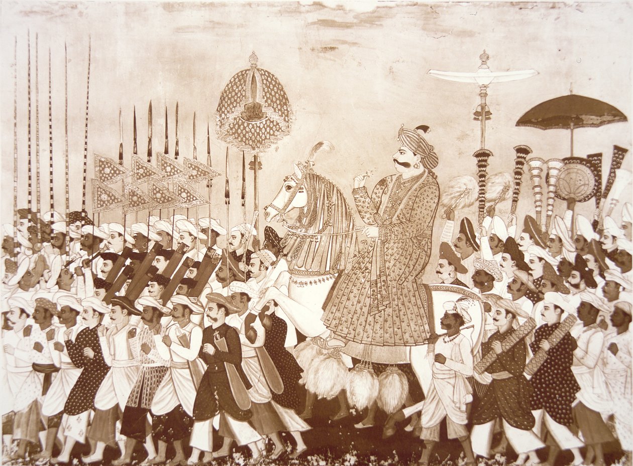 Mahratta-hövdingen Tulsaji av Tanjore (färg litho) av English School