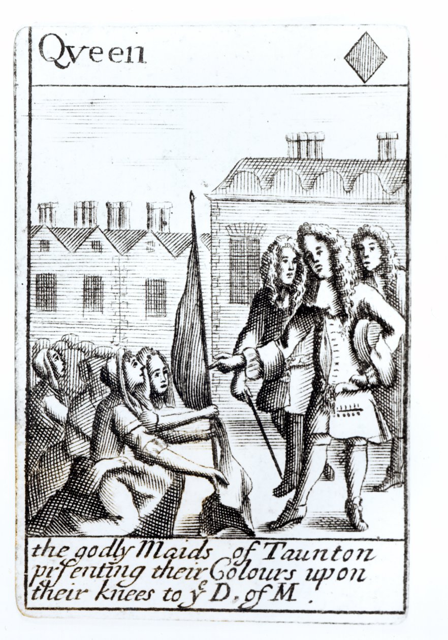 The Maids of Taunton knästående inför hertigen av Monmouth, 18 juni 1685, Queen of Diamonds spelkort från en uppsättning till minne av Monmouths Rebellion av English School