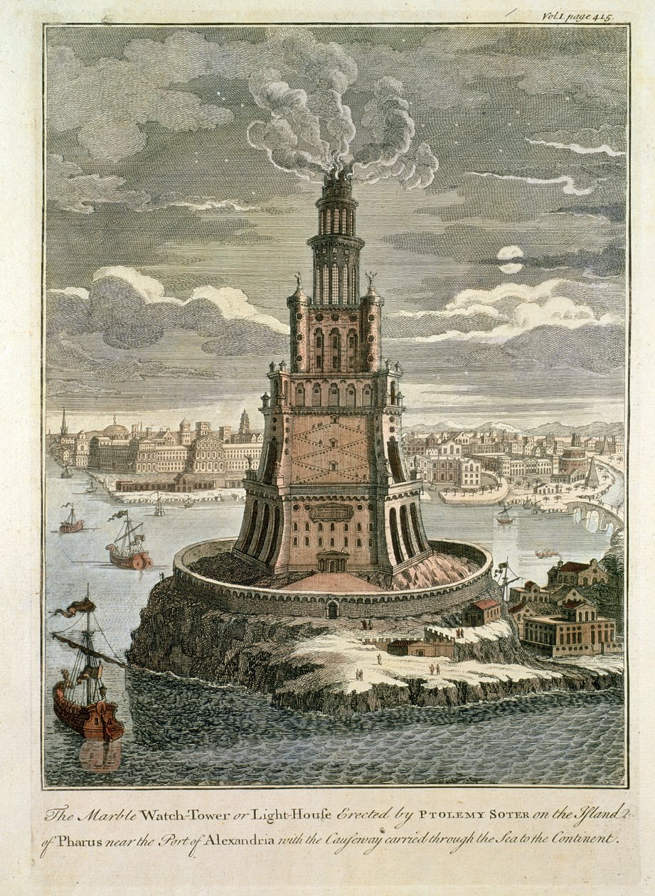 Vakttornet eller fyren i marmor som Ptolemaios Soter uppförde på ön Pharos, nära Alexandrias hamn (färgtryck) av English School