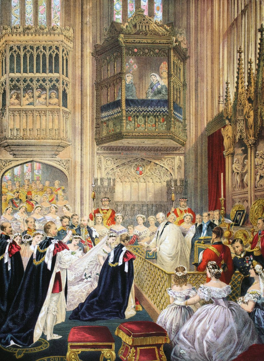 Äktenskapet vid St Georges Chapel, Windsor, från A Memorial of the Marriage of Edward VII and Alexandra of Denmark, pub. 1864 av English School