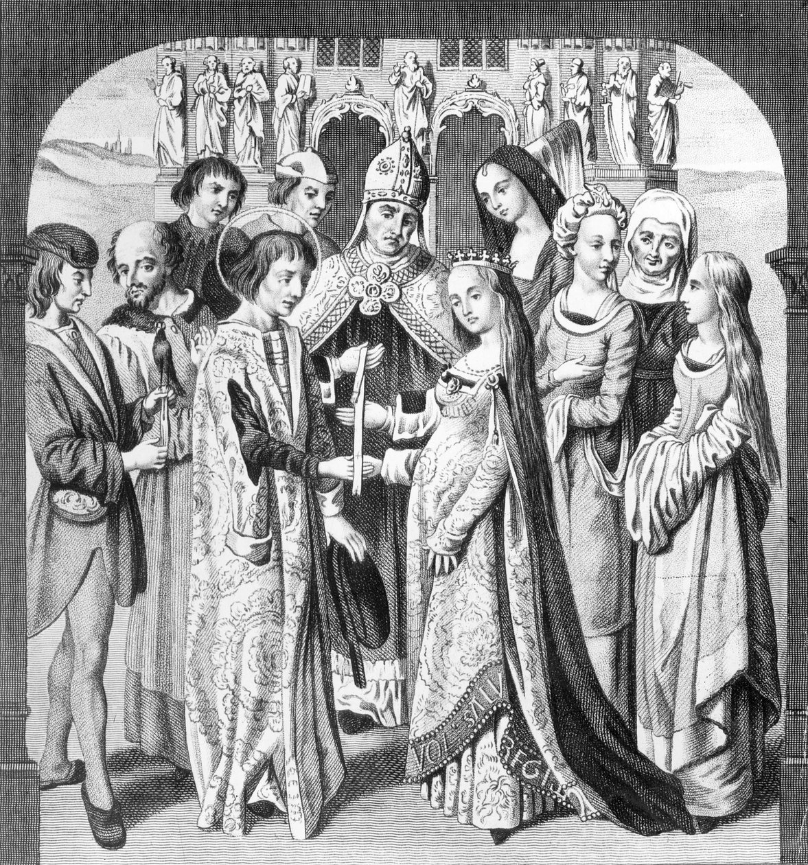 Henrik VI:s och Margaretas äktenskap av Anjou, graverat av Freeman av English School