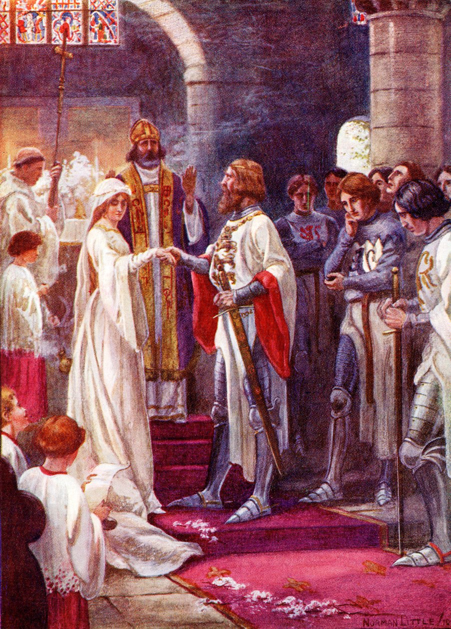 Kung Arthurs och Guineveres äktenskap. Färgad illustration från boken The Gateway to Tennyson publicerad 1910. av English School