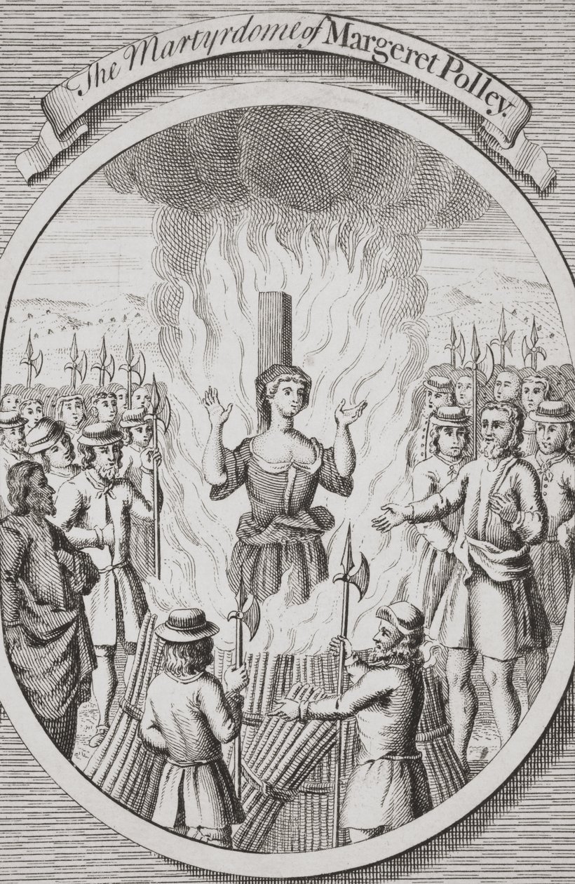 Margeret Polleys martyrdöd i Tunbridge, ur "The Burning of the Martyrs", publicerad 1741 (litografi) av English School