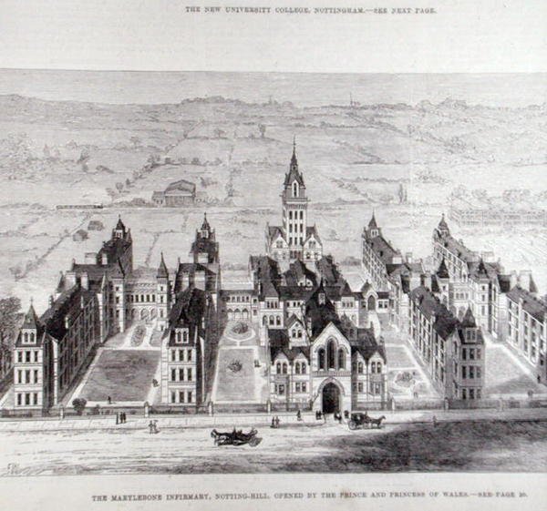 Marylebone Infirmary, Notting Hill, invigt av prinsen och prinsessan av Wales, från The Illustrated London News, 7 februari 1881. av English School