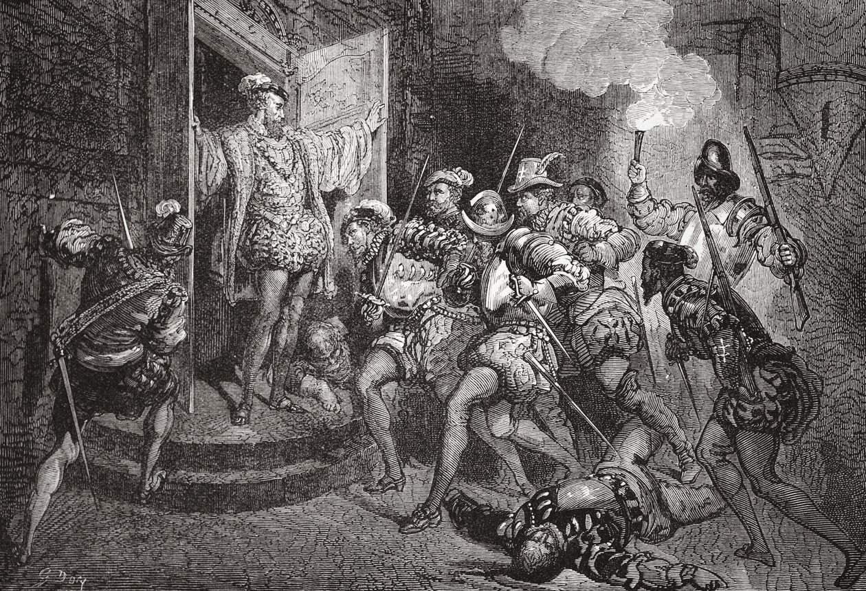 Massakern av St. Bartholomew: attack mot Colignys logi, illustration från The History of Protestantism av James Aitken Wylie (1808-1890), pub. 1878 av English School