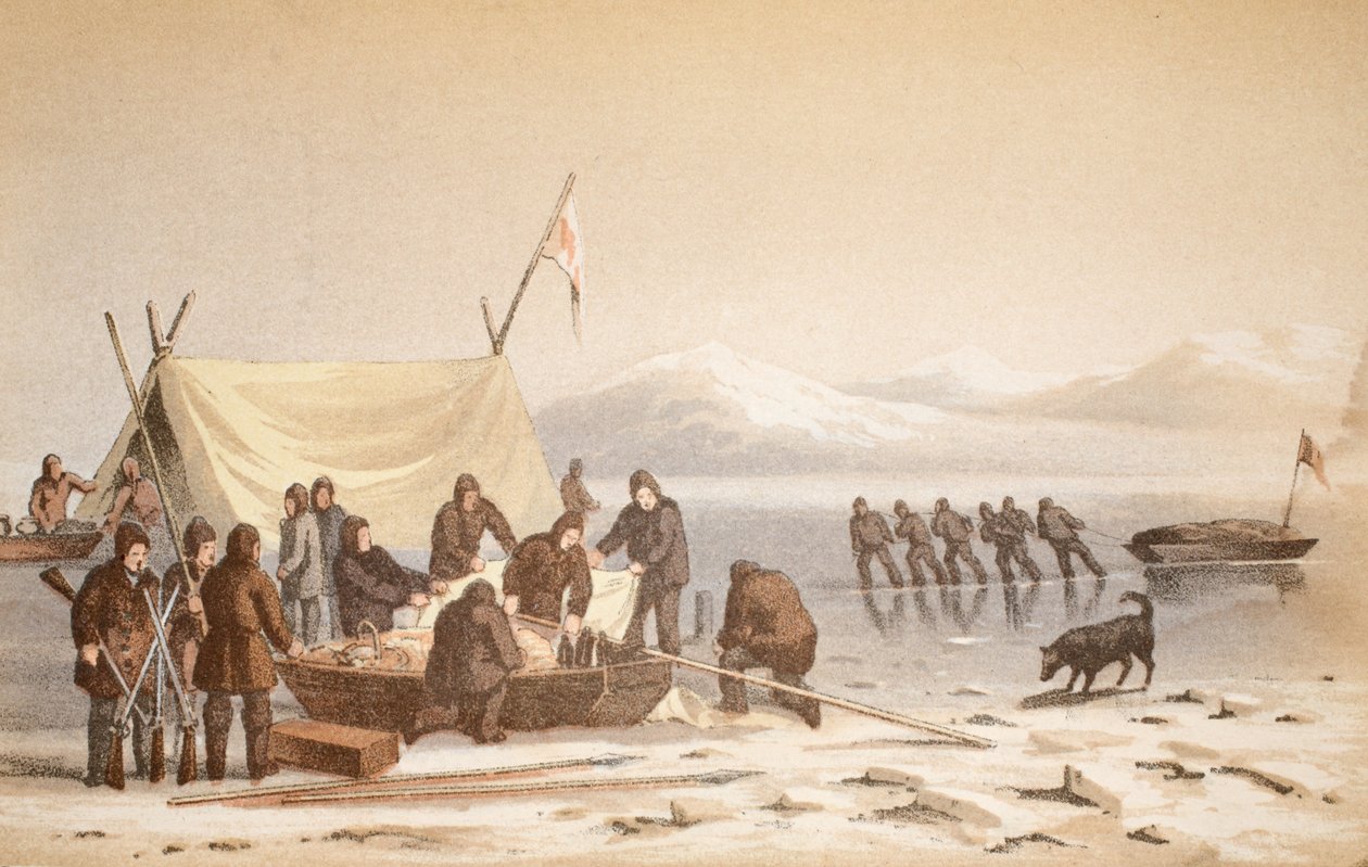 Mötet i Wellington Channel, 14 juni 1851, illustration från Voyage to Baffins Bay och Barrow Straits..., 1852 (handfärgad gravyr) av English School