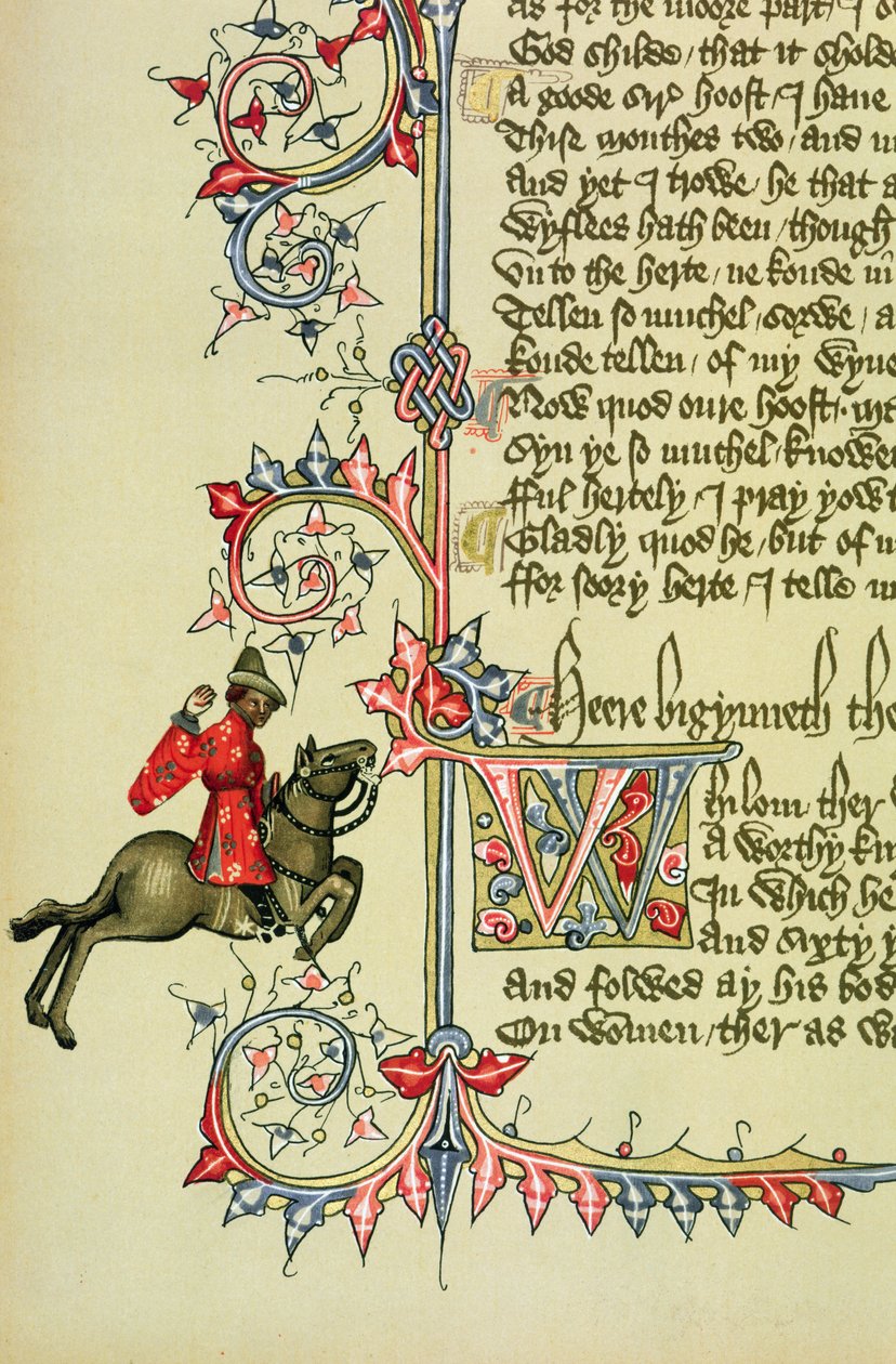 The Merchant, faksimildetalj från The Canterbury Tales, av Geoffrey Chaucer (ca 1342-1400) av English School
