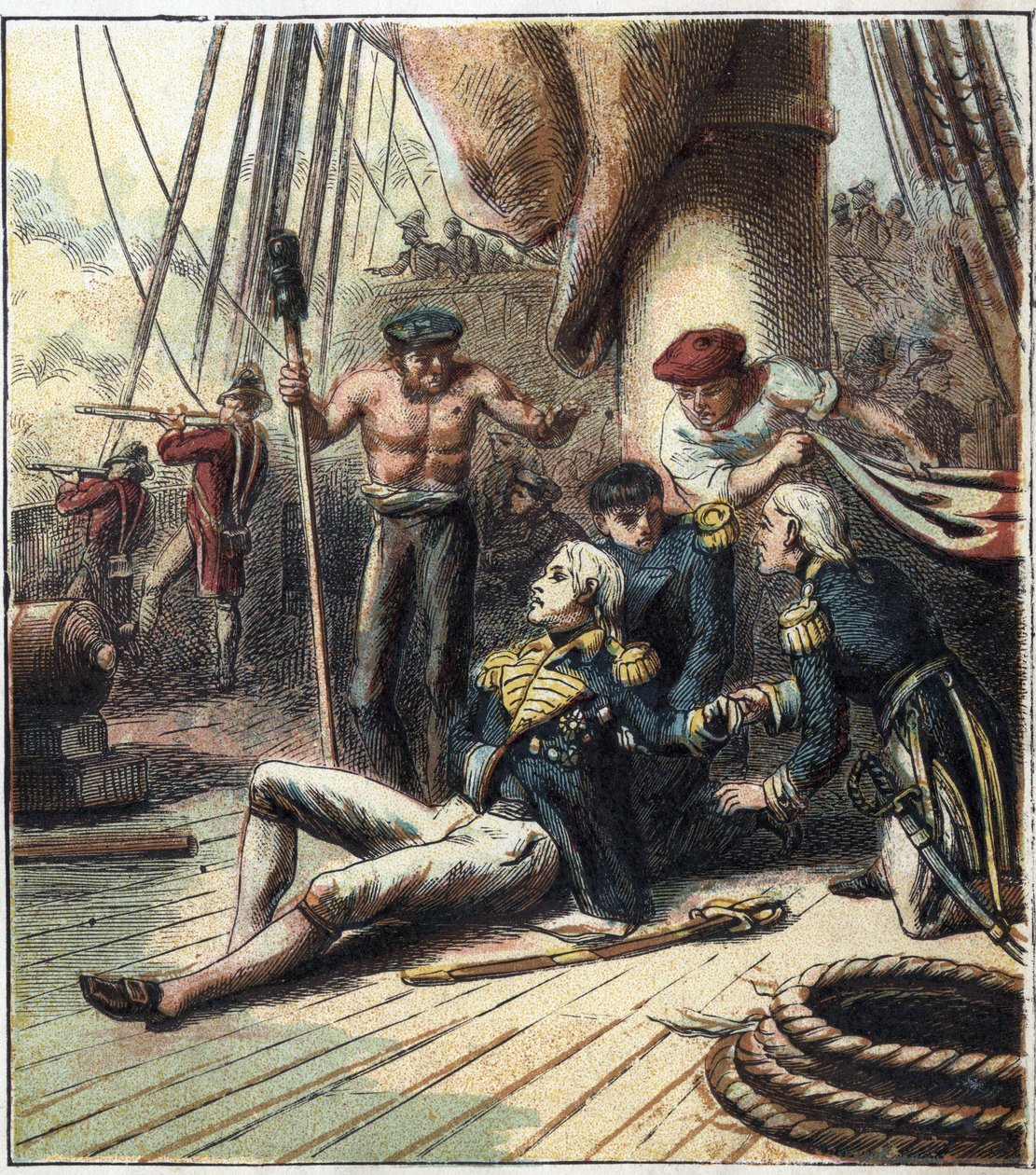 Napoleonkriget: Slaget vid Trafalgar, den 21/10/1805, där den fransk-spanska flottan under amiral Villeneuve ställdes mot den brittiska flottan under viceamiral Nelson. Han dog där. "Slaget vid Trafalgar av English School