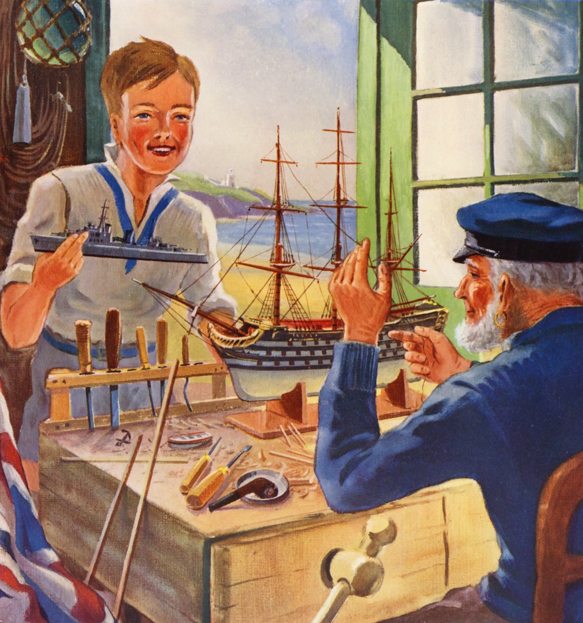 The Nelson Touch, gamla och unga skeppsmodellbyggare (färglitografi) av English School
