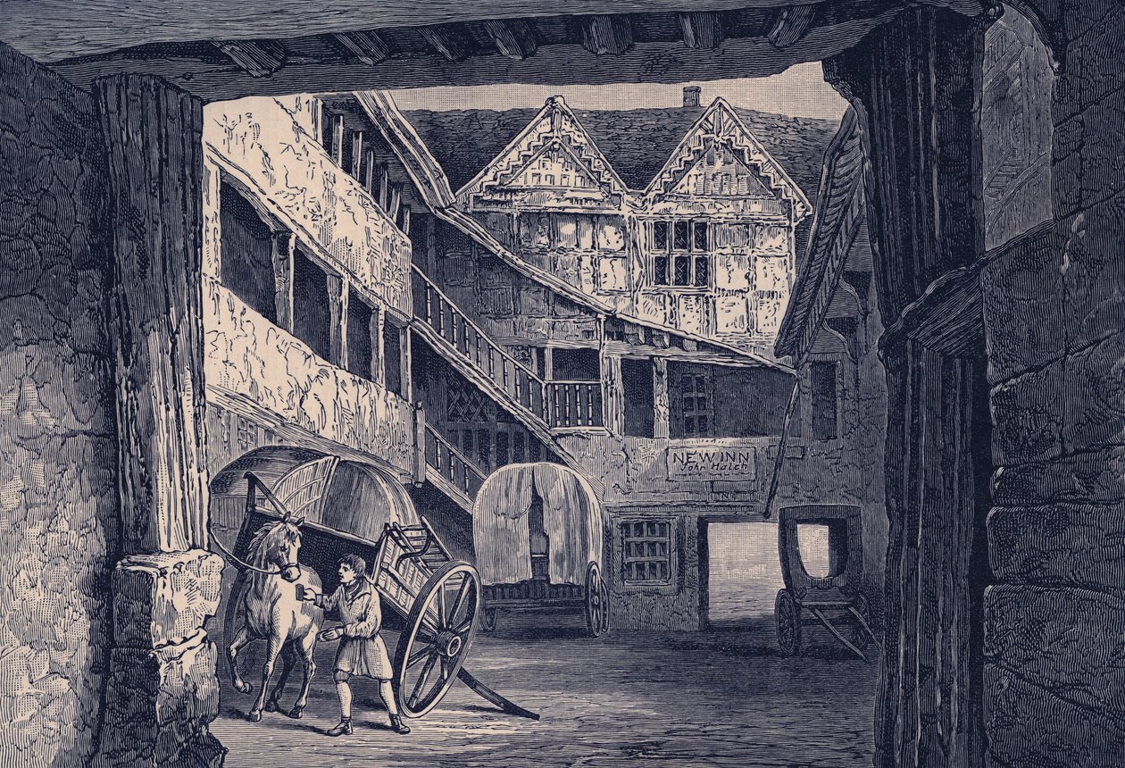 The New Inn, Gloucester, illustration för "A Short History of The English People (Vol II)" av John Richard Green (litho) av English School