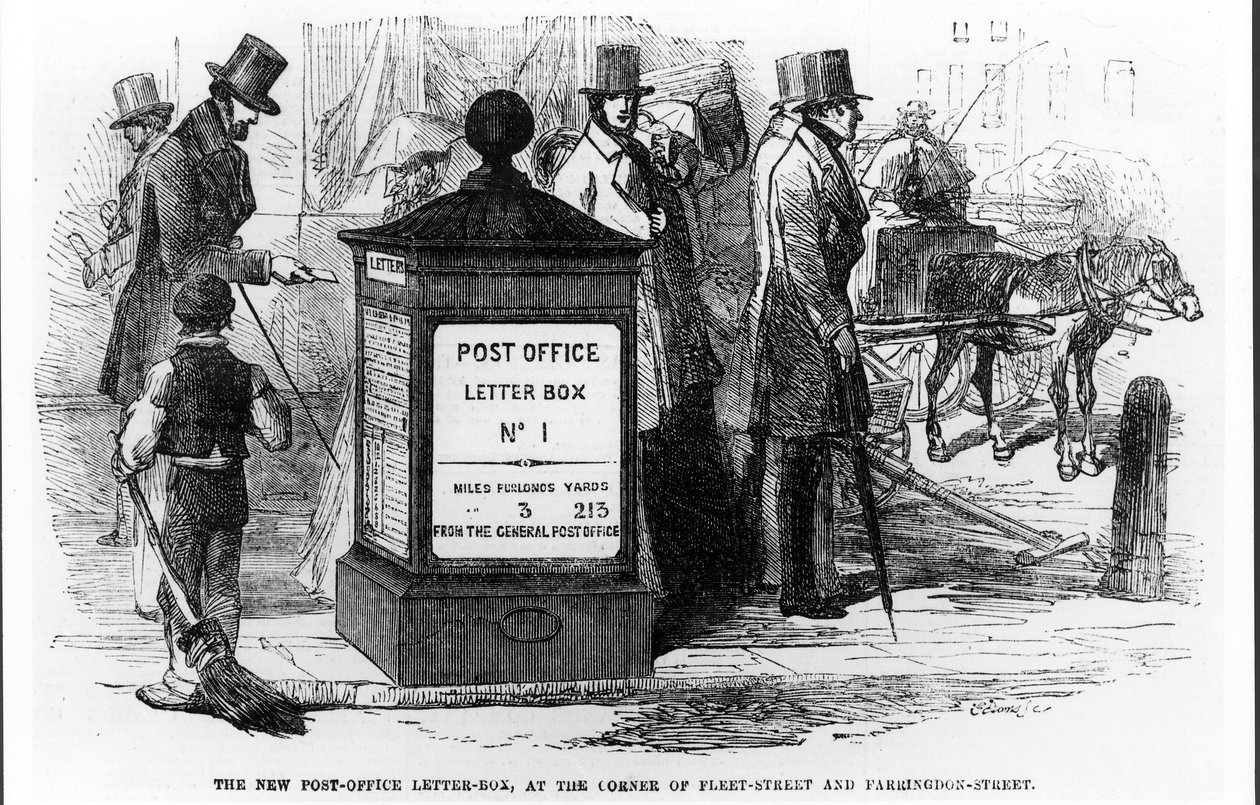 The New Post-Office Letter-Box, i hörnet av Fleet Street och Farringdon Street, från The Illustrated London News, 24 mars 1855 av English School