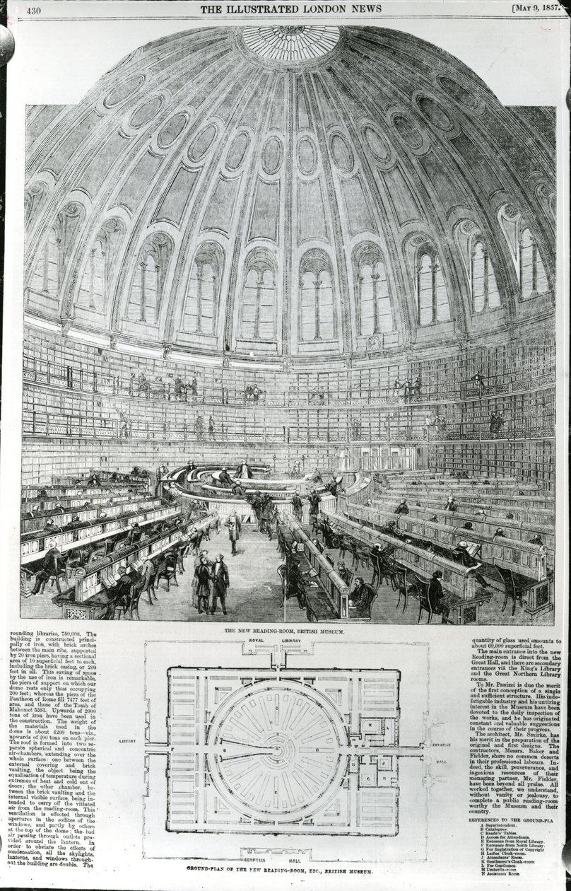 The New Reading-Room, British Museum, publicerad i The Illustrated London News, 9 maj 1857 av English School