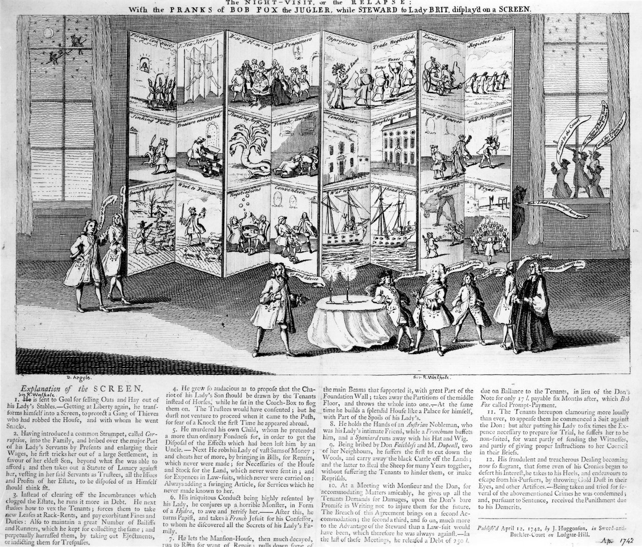 The Night Visit or the Relapse: with the Pranks of Bob Fox the Jggler while Steward to Lady Britannia, visas på en skärm, 1742 av English School