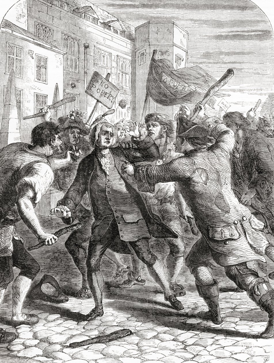 "No-Popery"-upprorsmakarna attackerade parlamentsledamöter i Palace Yard, Westminster, London, England under Gordon Riots 1780. av English School