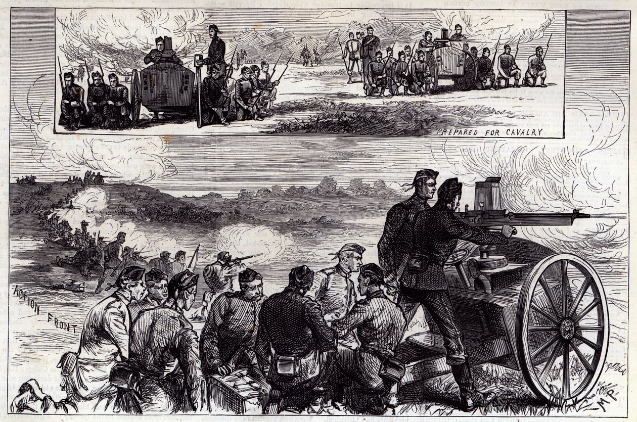 The Nordenfeldt Guns at Aldershott, från Illustrated London News, september 1885 av English School