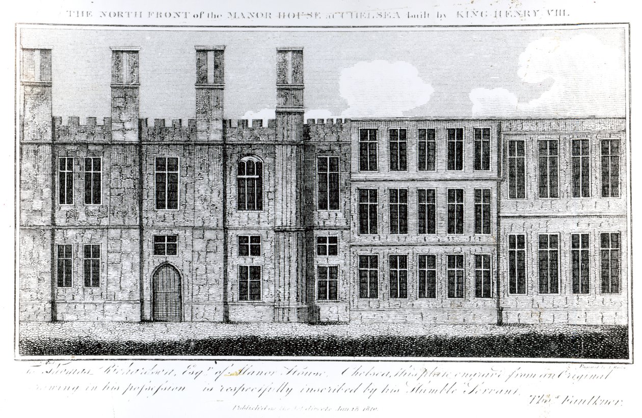The North Front of Manor House at Chelsea byggd av kung Henry VIII, graverad av J. Barlow, en illustration i A Historical and Topographical Account of Chelsea and its Environs av Thomas Faulkner, av English School