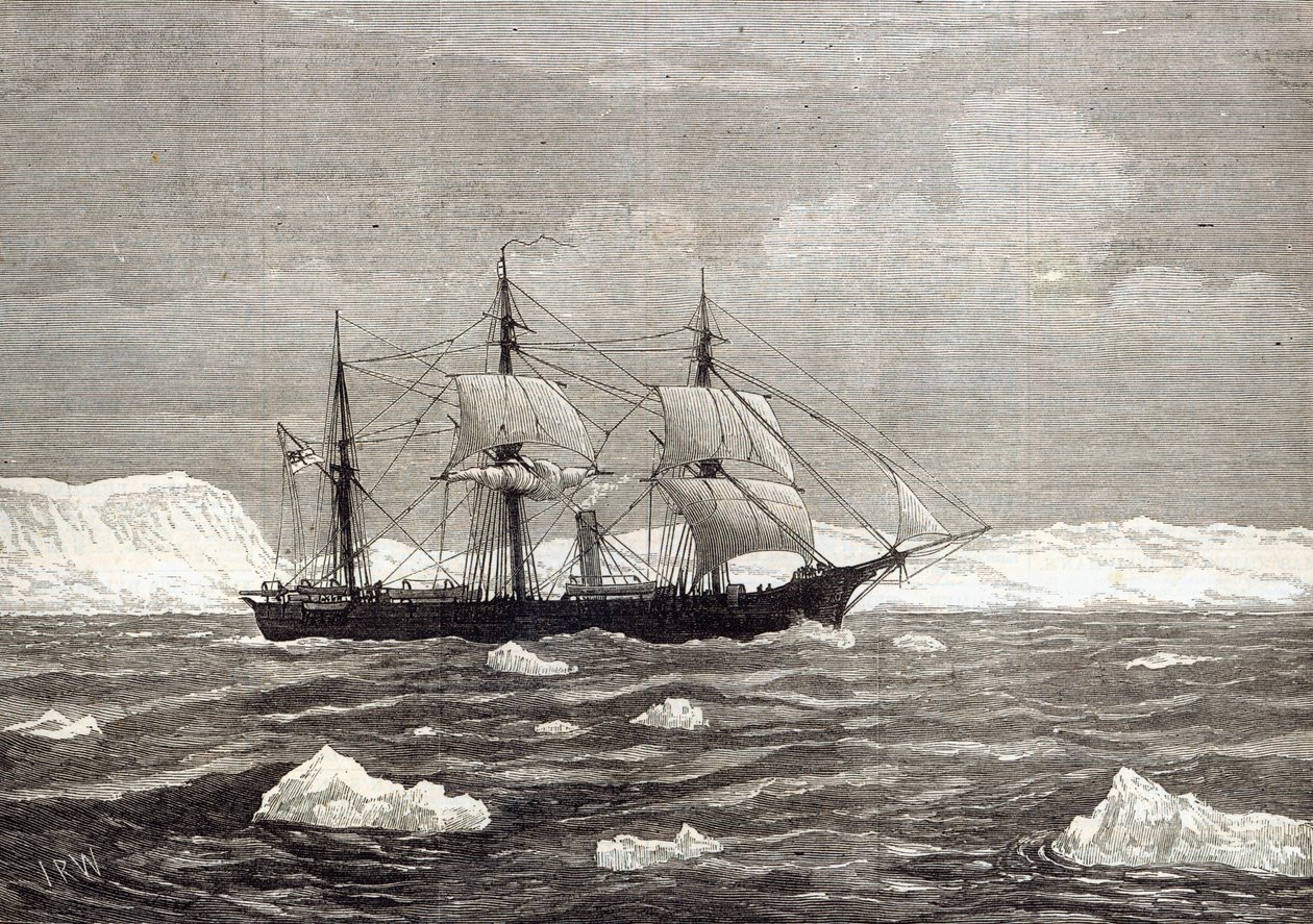 Expeditionen till Nordpolen: Alert hissar flaggan för att ha uppnått den högsta breddgraden av alla fartyg någonsin, från "The Illustrated London News", 1876. av English School