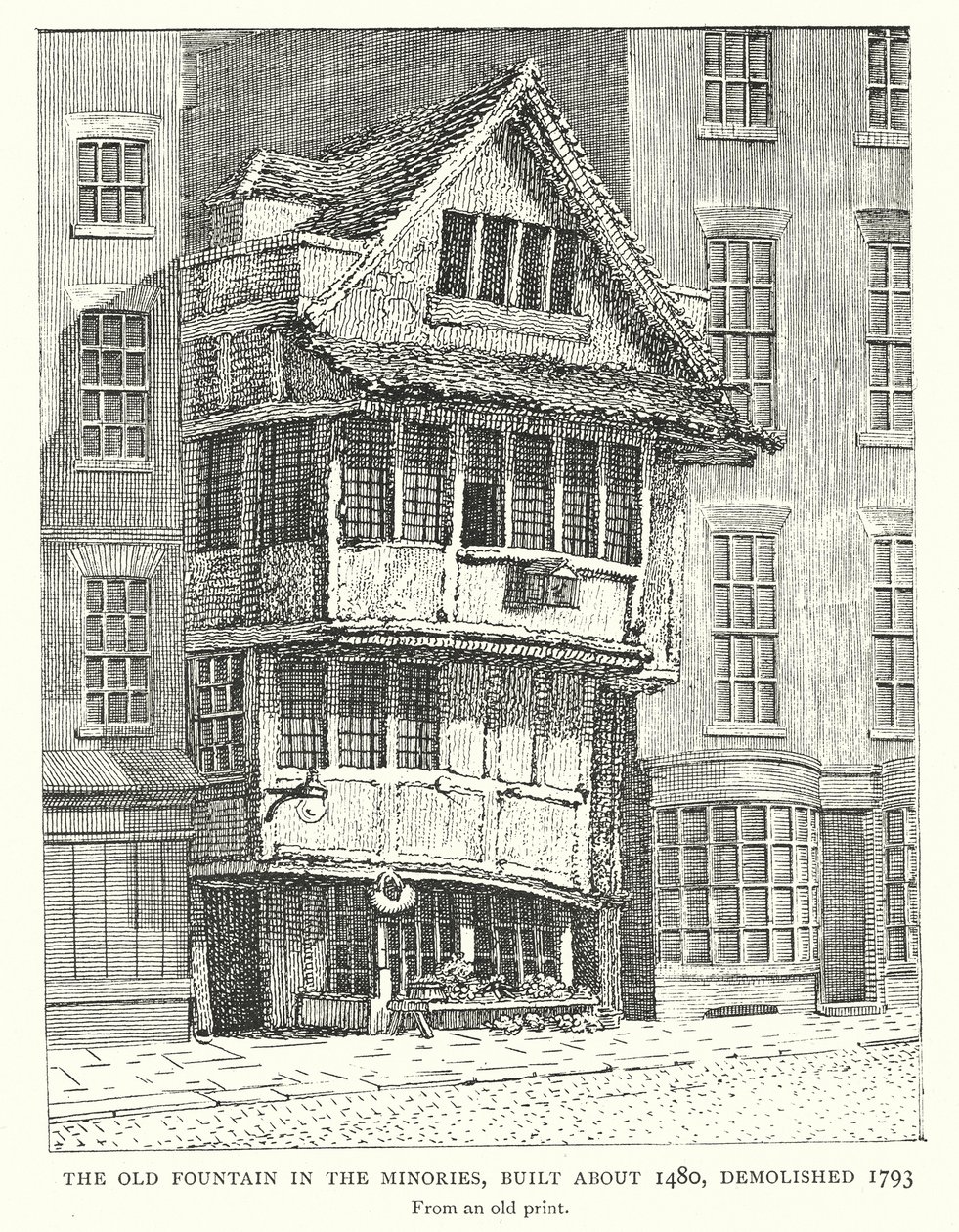 Den gamla fontänen i Minories, byggd ca 1480, riven 1793 (gravyr) av English School