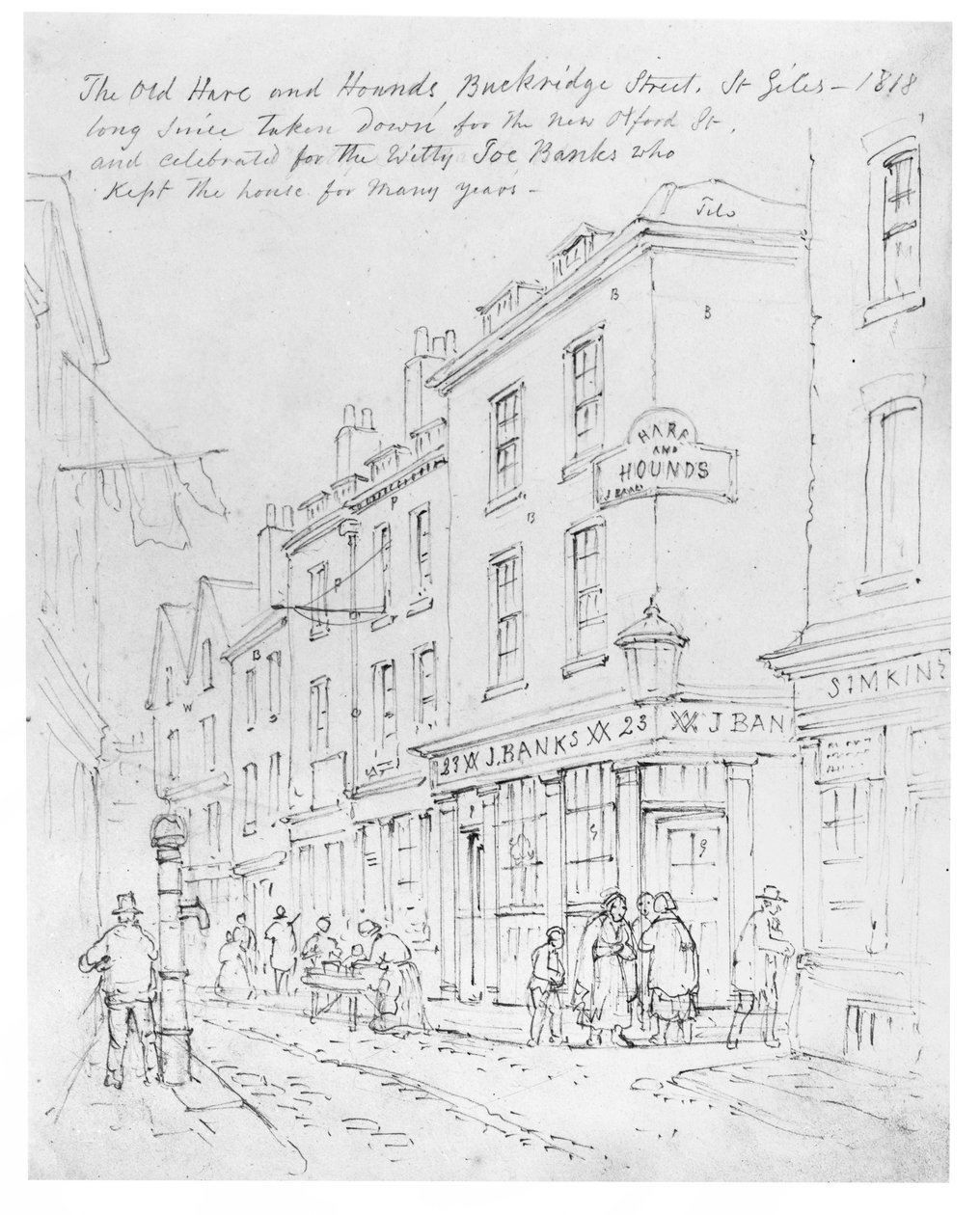 The Old Hare and Hounds, Buckridge Street, St Giles 1818 (ritning) av English School