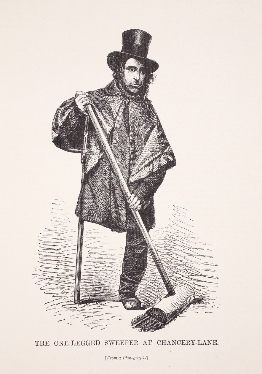 Den enbenta sopmaskinen på Chancery Lane, från ett fotografi, illustration från London Labor och London Poor av Henry Mayhew, pub. 1862 av English School