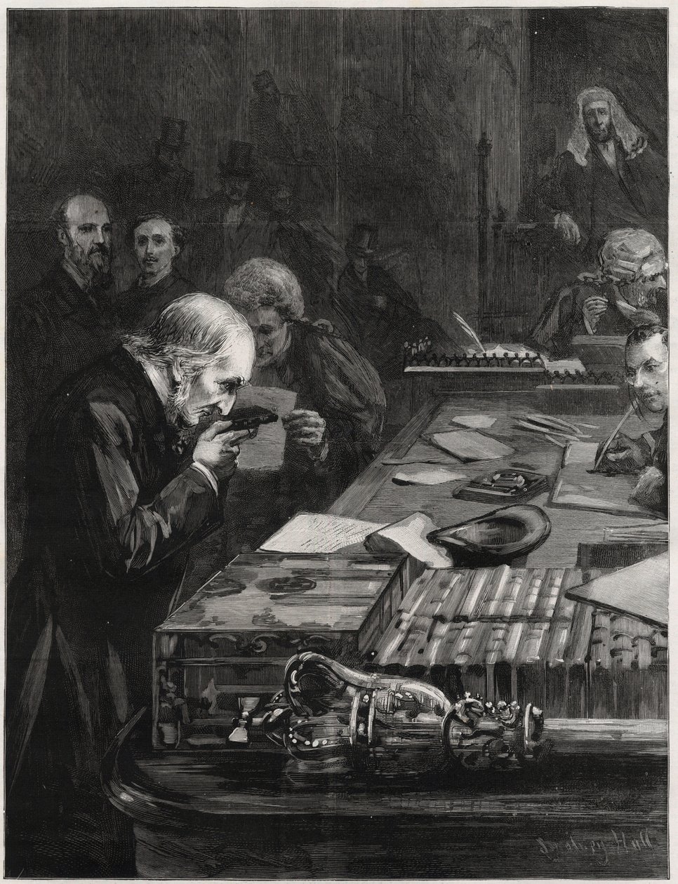 Parlamentets öppnande den 31 januari 1893 avlade Mr William Ewart Gladstone, med stöd av Mr Marjoribanks och Mr H Gladstone, eden. Illustration för The Graphic av English School
