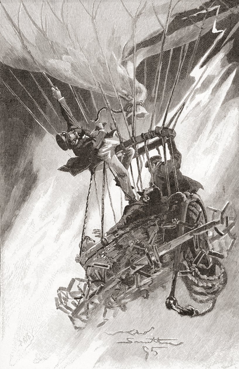 Farorna med luftballongflygning. En ballong i svårigheter och på väg att krascha. Från The Strand Magazine, publicerad 1896 (litho) av English School