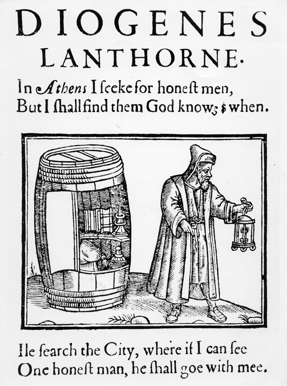 Filosofen Diogenes söker efter en ärlig man i City of London med sin lykta, 1607 (se även 485239) av English School