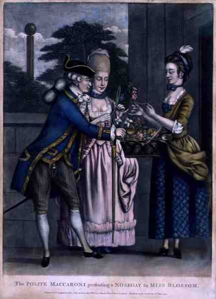 Den artiga macaronen som presenterar en nosegay till Miss Blossom, pub. av Carington Bowles (fl.1744-93) av English School