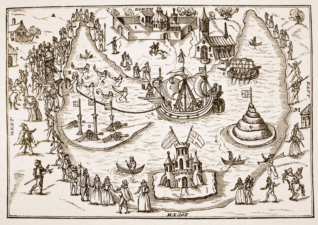 The Pond at Elvetham under Queen Elizabeths besök, från The Honorable Entertainment som gavs till Queens Majesty i Prgresse i Elvetham i Hampshire av the Right Honble the Earl of Hertford, 1591 ( av English School